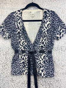 Valerie Bertinelli animal pattern cardigan short sleeve ribbon tie waist SZ M - Picture 1 of 8