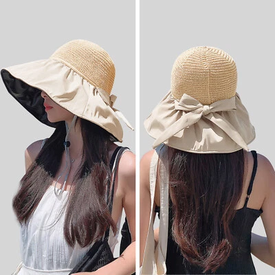 Floppy Hat Brim with Ribbon Women Folding Summer Beach Sun Straw Beach Hat - Image 1 of 4