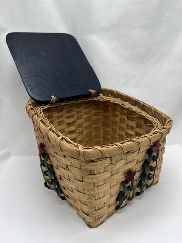Merry Christmas WOOD BASKET Lid Container Box Holiday Large Santa Snowman Woven Cover