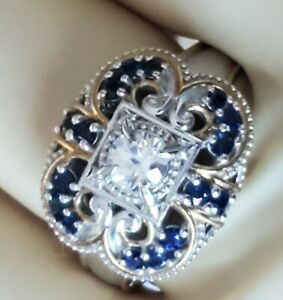 Michael Valitutti Ornate Design Sapphire & CZ Statement Ring Palladium over SS