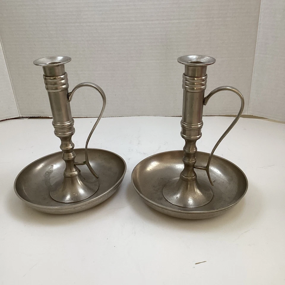 Pier 1 older metal candlesticks w/ handles possibly pewter or brushed nickel - Image 1 of 4