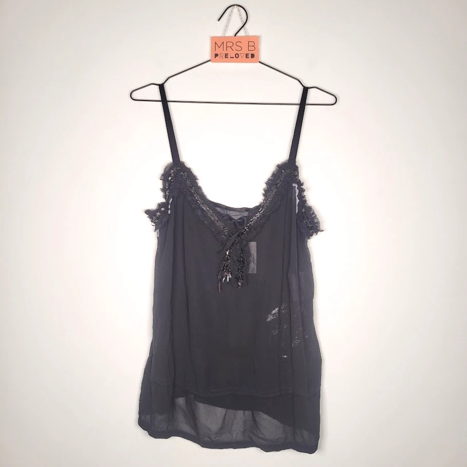 Comme des Garçons Tricot Camisole Vest Top M Black Ruffle Sequin Sheer Brand New — 第 1/4 张图片