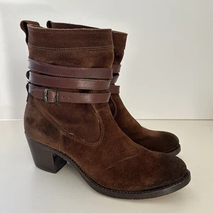 FRYE Jane Strappy Short Boots Women 8 B Brown Suede Leather Slouchy Western Boho - Picture 1 of 12