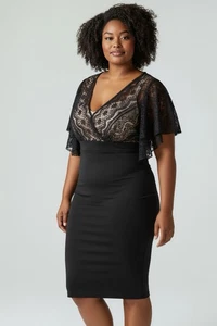 Adrianna Papell Evening Formal Dress Black Lace Ruched Pleated Plunge Sheath 24W - Picture 1 of 12
