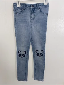 Cat & Jack Girls Size 6 Blue Denim Jeggings With Panda Face Embroidered Knees - Picture 1 of 7