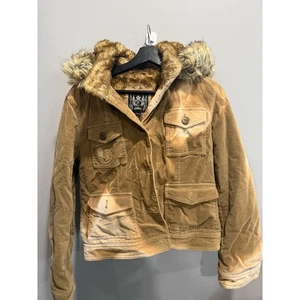 Y2K Esprit Corduroy Jacket Faux Fur Trim Hooded Military Style Utility Coat - Picture 1 of 5