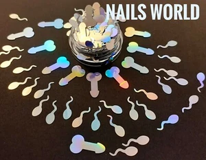 Silver Sperm Penis Dicks Nail Art Glitter Holographic 3D Sequins Manicure UK - Picture 1 of 4