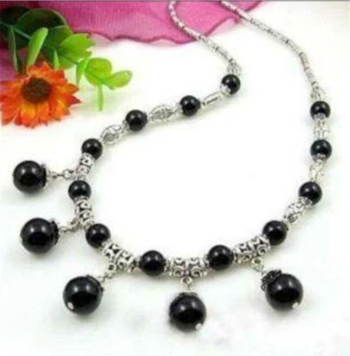 HERMOSO COLLAR DE PLATA TIBET Y CUENTAS REDONDAS DE ÓNIX ÁGATA NEGRA NATURAL 18" Foto 1 de 3