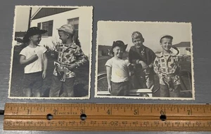 2 Photo Little Boys w/ Toy Gun Holster Bike Pocket Knife.  Vintage Farm Life - Picture 1 of 2