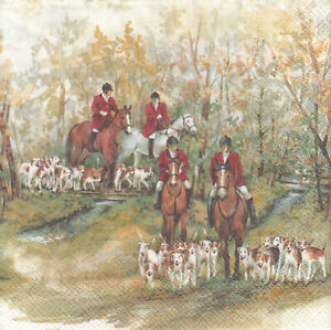 4 Lunch Papier Servietten Napkins  (H9-25) Jäger mit Pferden und Hunden