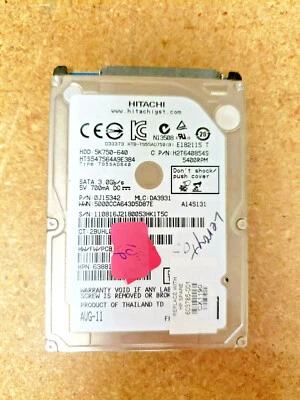 Hitachi HTS547564A9E3 640GB, Internal, 5400 RPM, 2.5" Hard Drive, Storage, As-is - Image 1 of 2