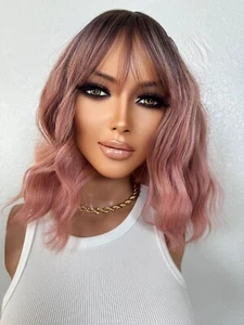 Short Pink Ombré Rooty Wavy Bob Hair Wig | Choppy Fringe Bangs, Full Stretch - Picture 1 of 9