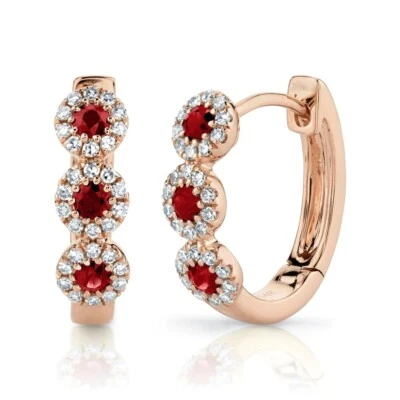 14K Rose Gold Ruby Diamond Huggie Earrings Natural 0.44 TCW Round Cut - Image 1 of 2