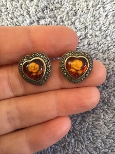Sterling Silver Heart Earrings AMBER Intaglio Marcasite Hearts Flower Gorgeous - Picture 1 of 10