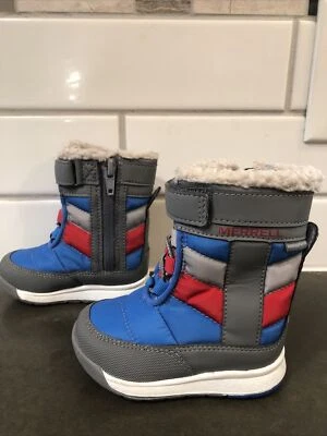 Toddler boy's or girl's Merrell snow boots size 4, gray, blue, and red - Image 1 of 4