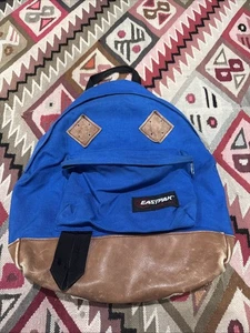 Vintage Eastpak Leather Bottom Backpack Made In USA Blue - Picture 1 of 10