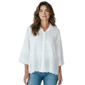 Soft Surroundings White on White Floral Embroidered Button Down Shirt Size XL - Picture 1 of 11