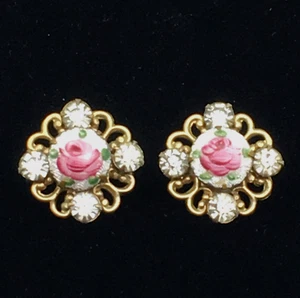 Vintage Guilloche Pink Floral Enamel Clear Rhinestone Sweater Pin Set - Picture 1 of 11