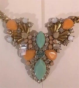 J. Crew Fashion Statement Necklace Crystals Peach Mint Gold Tone Navette Stones - Picture 1 of 5