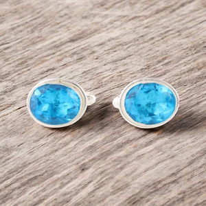 Swiss Blue Topaz Gemstone 925 Sterling Silver Jewelry Cufflinks Gift For Men - Picture 1 of 4
