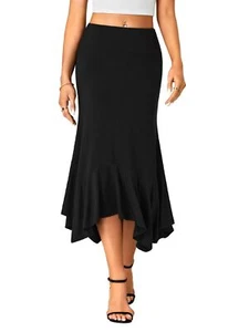 Women's Stretchy High Waist Ruffle Asymmetrical Hem Flowy Midi Skirt Small Bl... - Picture 1 of 7