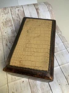 Vintage Jewellery Box WOOD Leather Top Tramp Art DECO Style Store Keys Handmade - Imagen 1 de 13