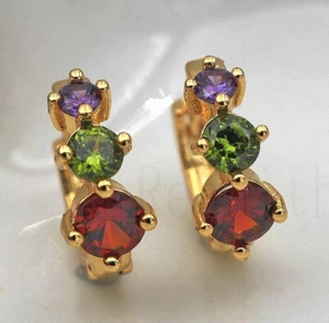 Pretty New 18K Yellow Gold Filled 3 Multicolor Round CZ Huggie Hoop Earrings - Picture 1 of 5