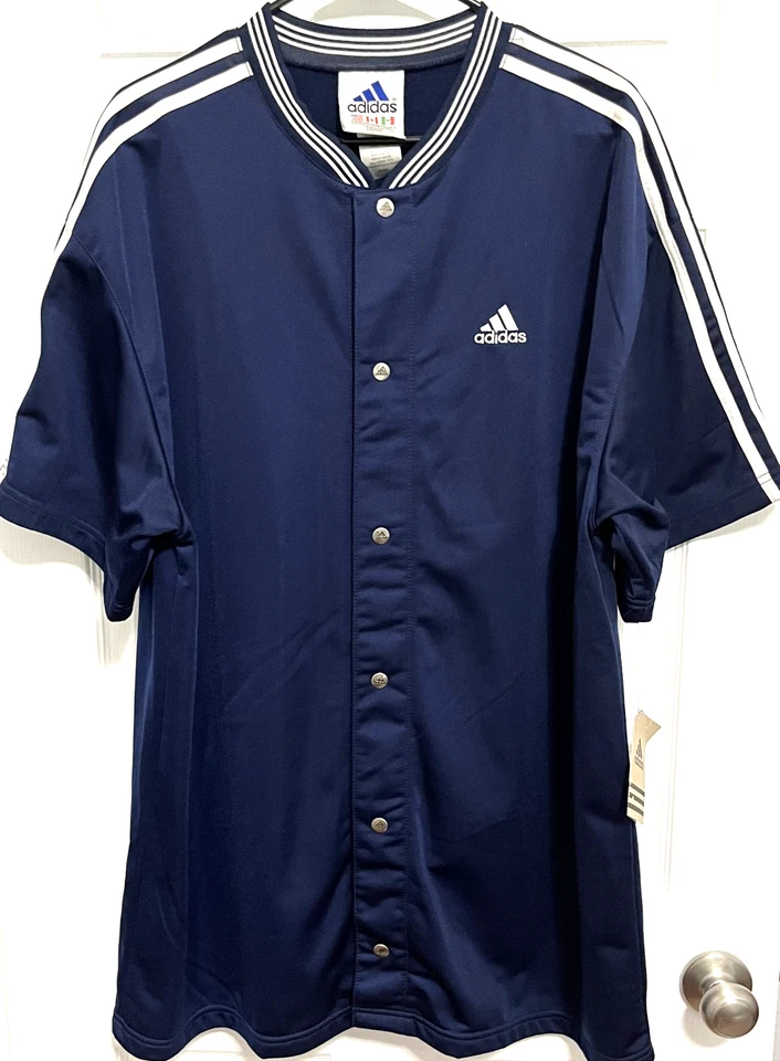 ADIDAS Hombres Botón a Presión Azul Marino Blanco Borde Baloncesto Camiseta de Tiro XL NUEVA ETIQUETA Foto 1 de 4