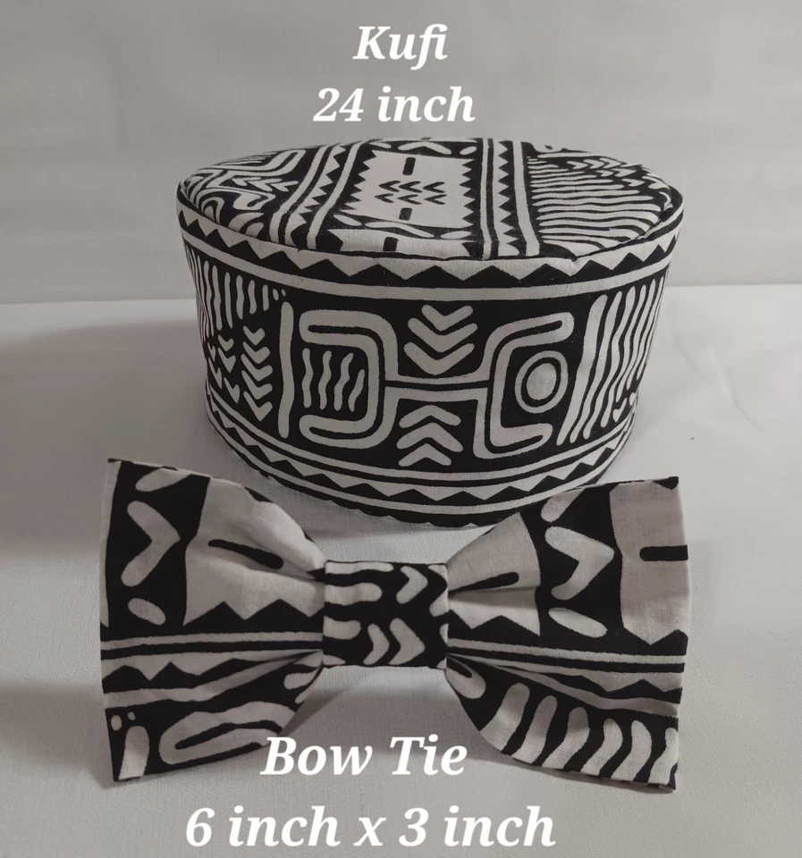Chapéu Kufi preto e branco 23 -1/2 x 4 polegadas com gravata borboleta 6 polegadas X 3 polegadas 100% algodão - Imagem 1 de 1