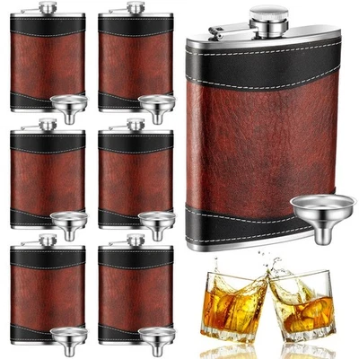 Rtteri 6 Set 8 oz Leather Hip Flasks for Liquor for Men Leak Proof Stainless ... - Image 1 of 4