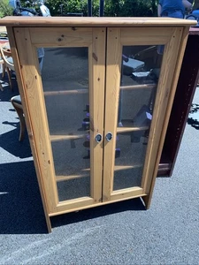 IKEA LEKSVIK ANTIQUE PINE WOOD CD DVD DISPLAY CABINET CUPBOARD GLASS DOORS STORE - Picture 1 of 3