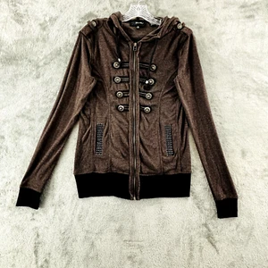 Miss Me Hoodie Womens M Full Brown Hooded Sweatshirt Rhinestones Metal Buttons - Picture 1 of 6