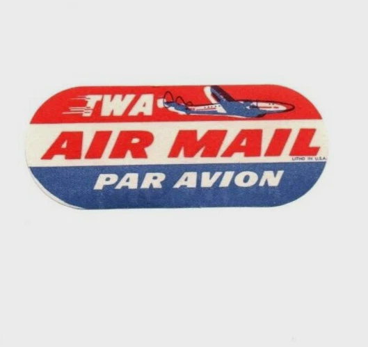 Etiqueta de bagagem vintage TWA Trans World Par Avion correio aéreo c.1950s 3" x 1/2" pequena - Imagem 1 de 1