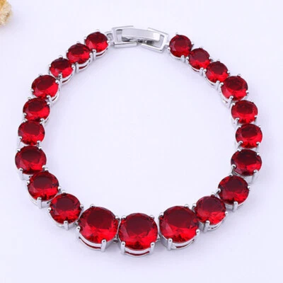 New 10mm Party Jewelry Round Red Garnet Gems Charm Women Girl Silver Bracelet - Image 1 of 4