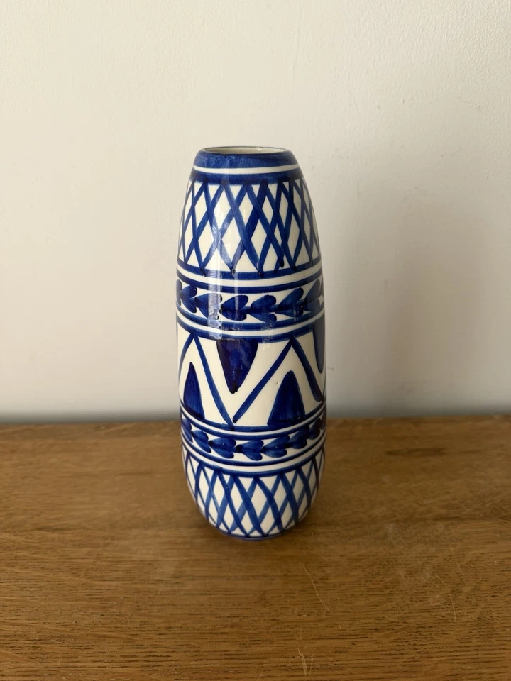 Vintage Spanish Pottery Vase Hand Painted Blue And White  - Image 1 of 4