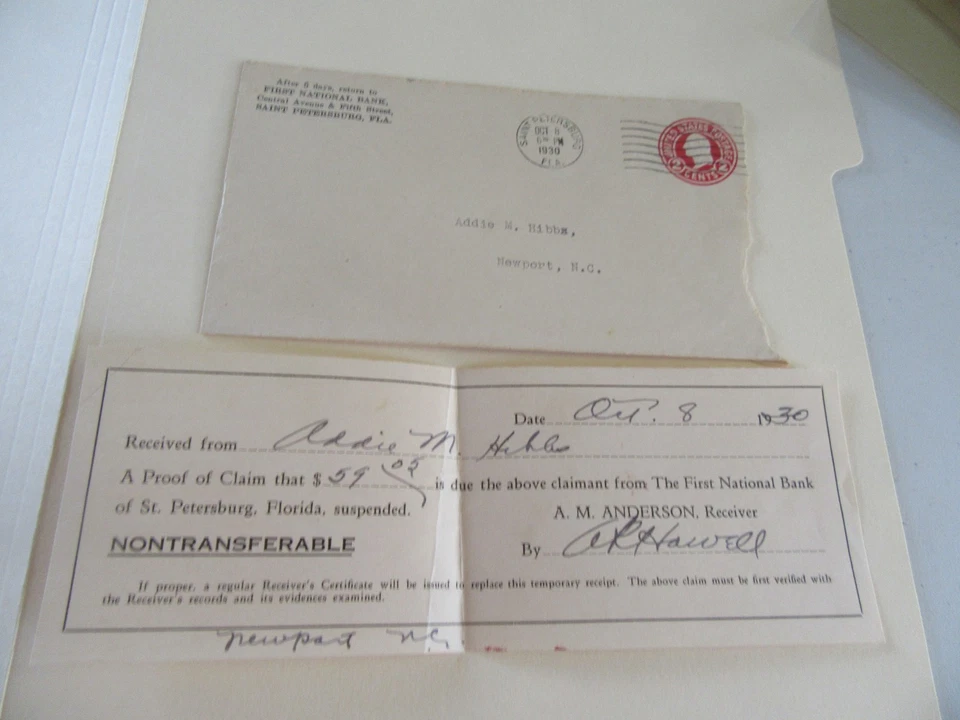 1930 Envelope & Proof Of Claim From First National Bank Of St. Petersburg, FL - Image 1 of 2