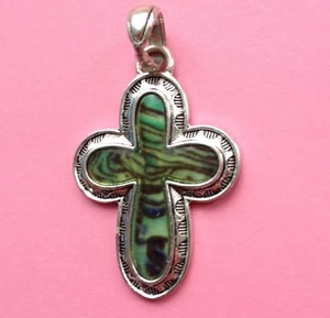 CROSS PENDANT - "Silver" color with "Abalone" look Inset - Picture 1 of 7