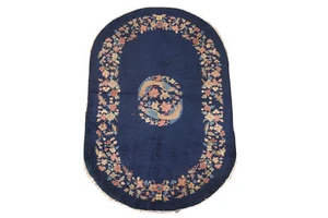 Navy Blue Art Deco Nichols Oval Vegetable Dye Area Rug 4x6 Chinese Hand-made Rug - Picture 1 of 19