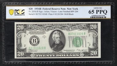 FR. 2056-B 1934-B LFBP #204 $20 FRN NEW YORK, NY PCGS BANKNOTE GEM UNC-65PPQ - Image 1 of 2