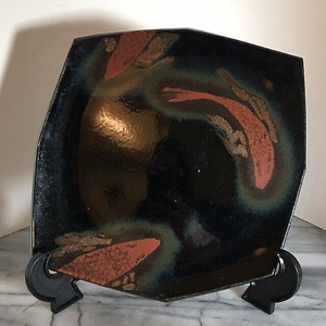 Studio Art Pottery Plate Signed Black Rust Color Abstract