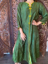 Boho Gypsy Hippy Vintage Silk Green Yellow Check Boho Maxi Dresses Tunic ML 