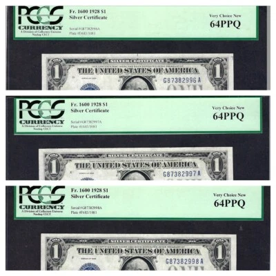 🇺🇸 (3) CONSECUTIVE 1928 $1 ♚♚SILVER CERTIFICATE♚♚ PCGS VERY CHOICE NEW 64 PPQ - Image 1 of 4