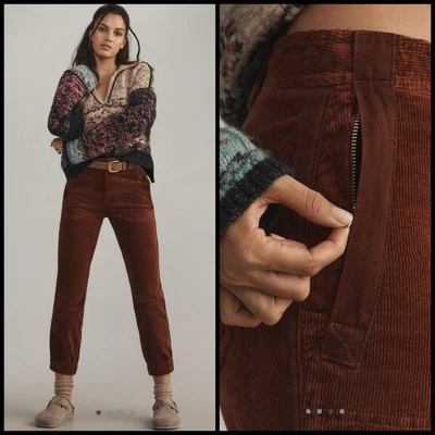 Anthropologie Richie Slim Corduroy Joggers Red Brown Size 10 Medium Side Stripe - Image 1 of 4