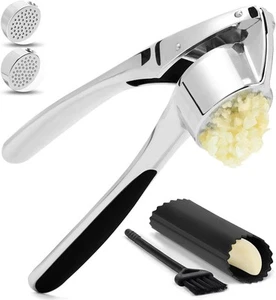 Garlic Press with Silicone Peeler & Brush - Mincer & Crusher - Easy to Silver - Picture 1 of 7