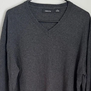Claiborne Herren XL grau Baumwolle Kaschmir V-Ausschnitt Pullover Pulli weicher Strick - Bild 1 von 8