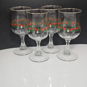 4 Libbey Stechpalme Bänder Weingläser 6,5" Weihnachten Wasserkelche Vintage 8oz - Bild 1 von 7