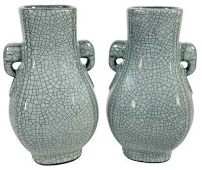 Par de jarrones antiguos chinos Hu gris celadón porcelana esmalte craquelado 8" marca de reinado Foto 1 de 4