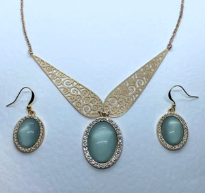 CONJUNTO DE COLLAR DE FILIGRANA ESTILO KLIMT BONITO VIDRIO VERDE Y DIAMANTE CHAPADO EN ORO ROSA - Imagen 1 de 8