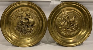 (2) Vtg 12”Brass PLANTERS Wall Plate Made In England Embossed Ship Pocket - Picture 1 of 12