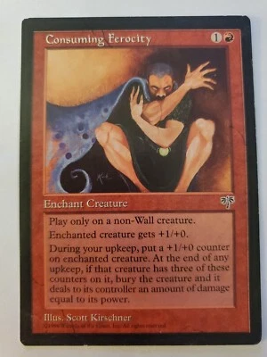 MTG Magic The Gathering Card Consuming Ferocity Enchant Creature Red Mirage 1996 - Image 1 of 2